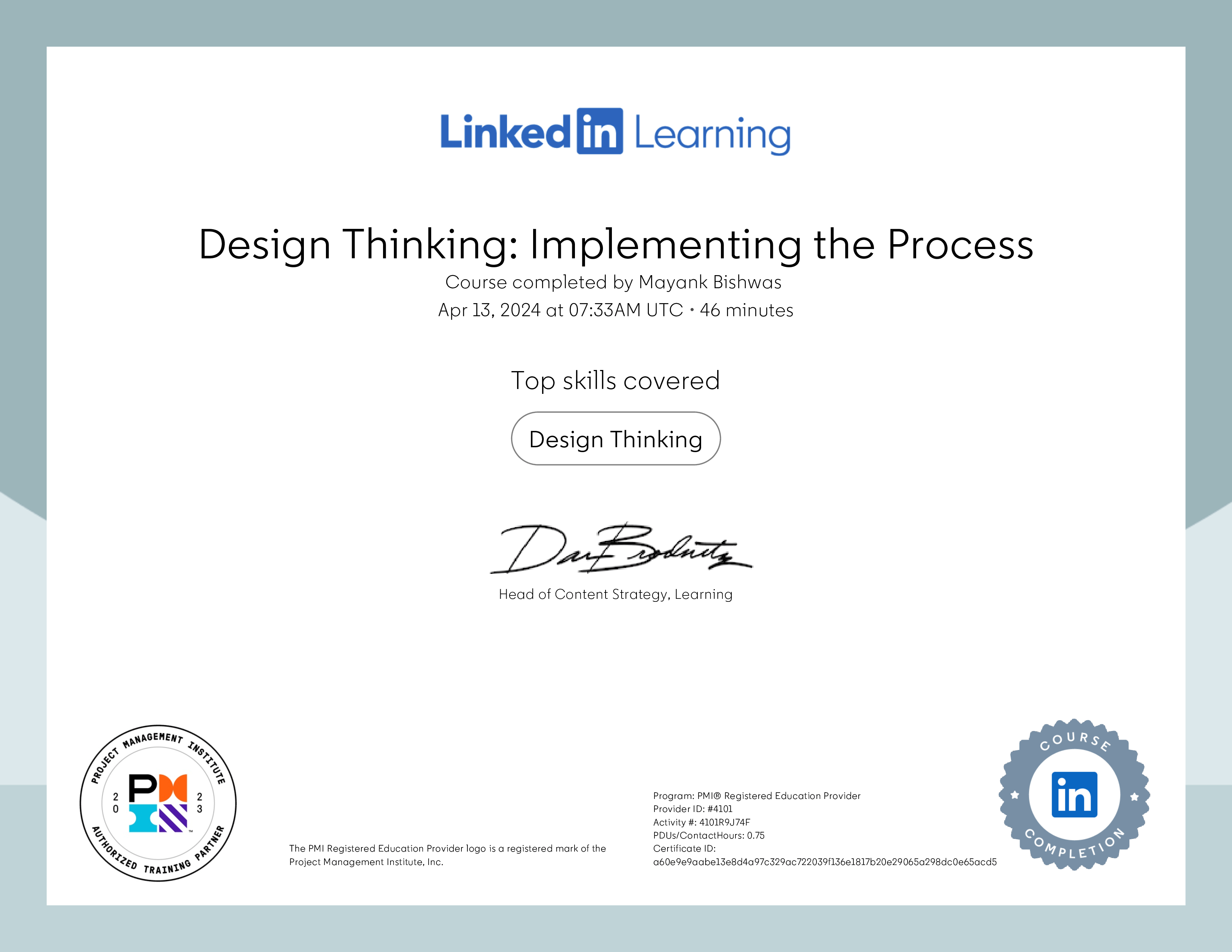 Design Thinking: Implementing the Process — certificate by PMI