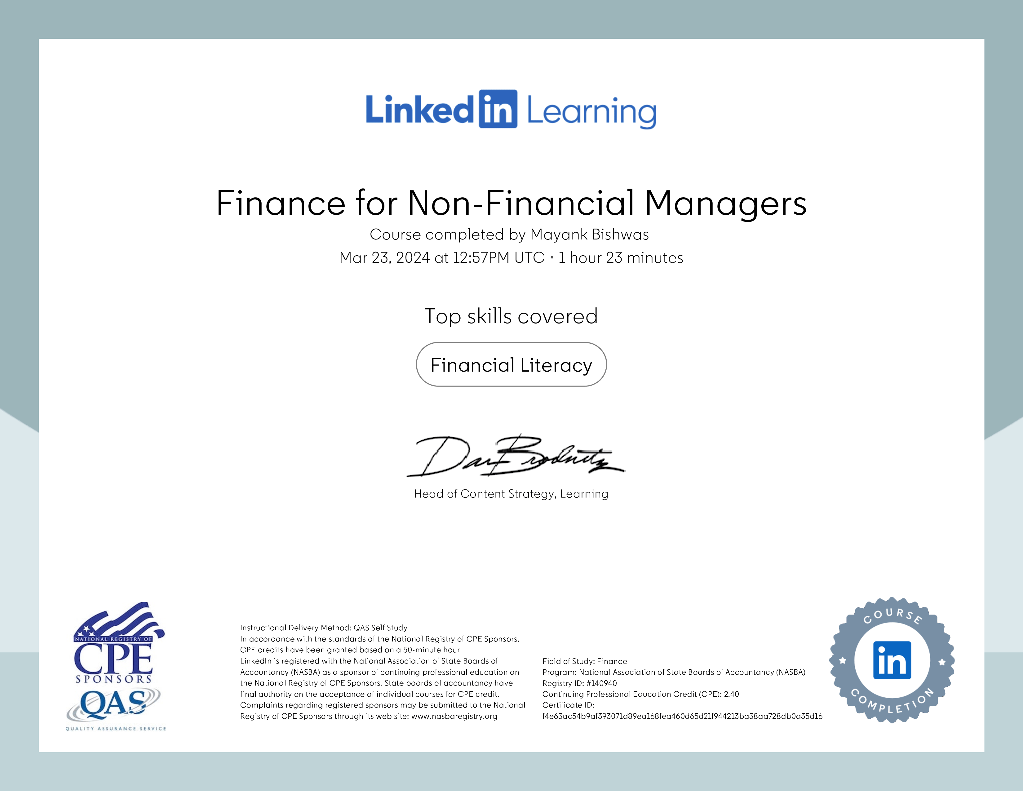 Finance for Non-Financial Managers — certificate by NASBA