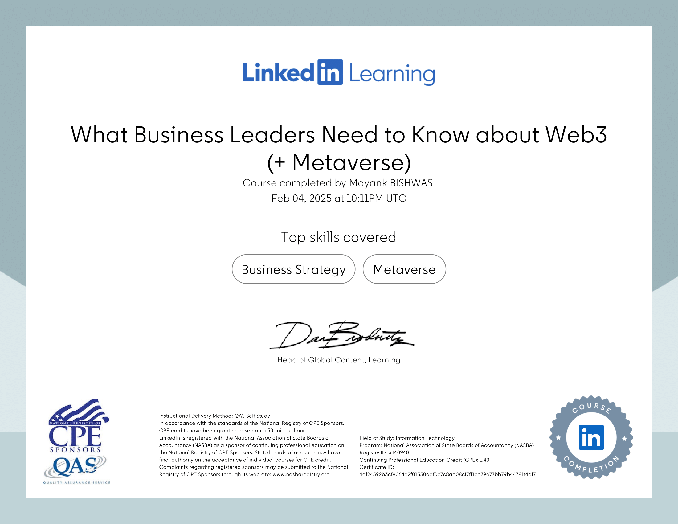 Metaverse Basics for Business Leaders — certificate by NASBA