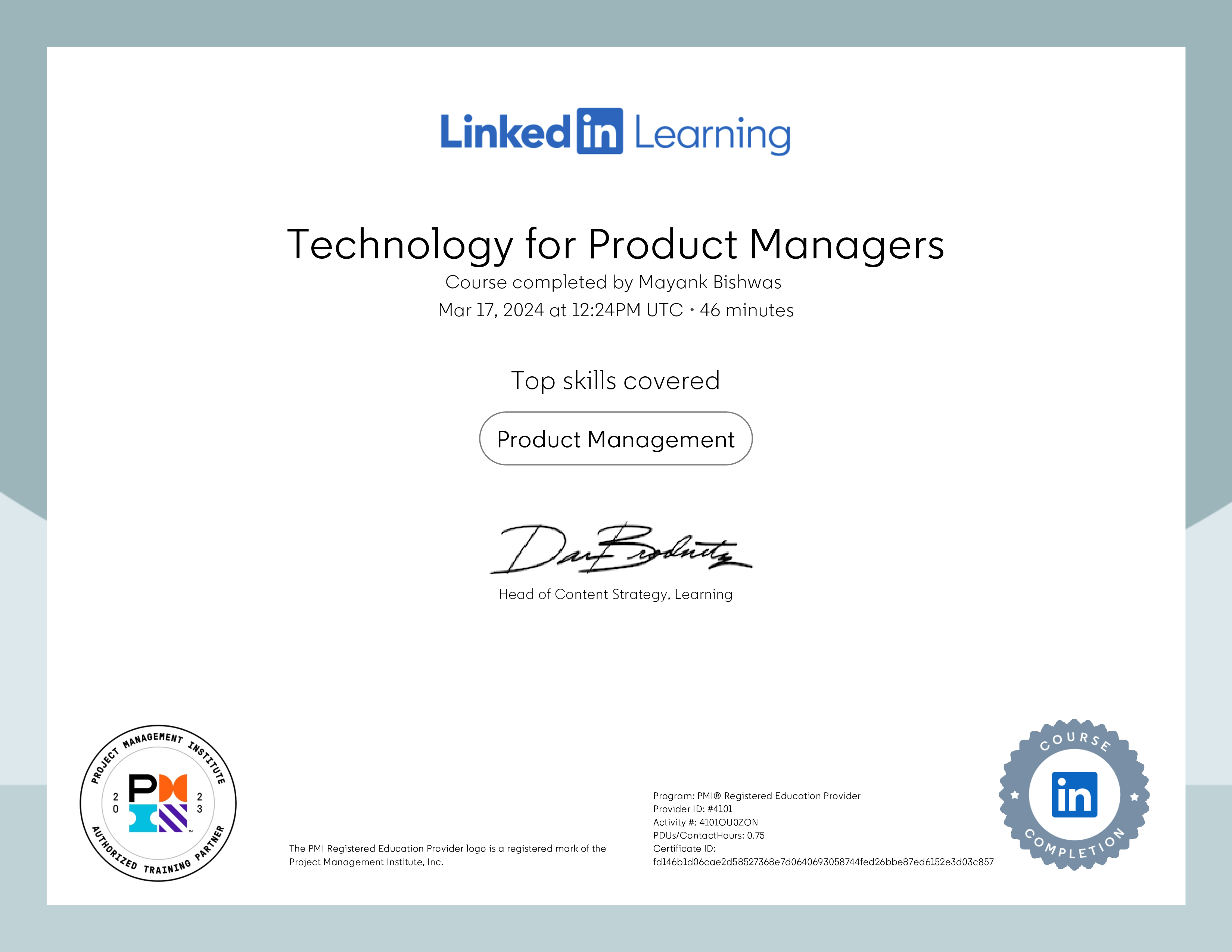 Technology for Product Managers — certificate by PMI